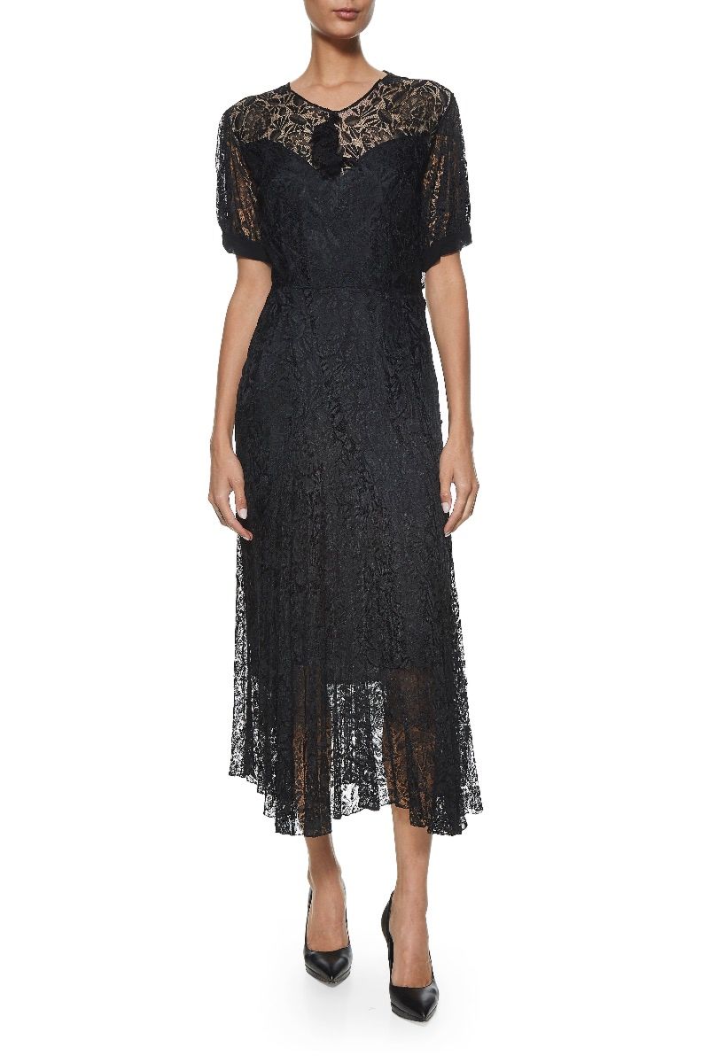 VINTAGE BLACK SILK ANTIQUE LACE DRESS