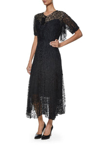 VINTAGE BLACK SILK ANTIQUE LACE DRESS