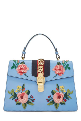 GUCCI BLUE FLORAL EMBROIDERED LEATHER SYLVIE MEDIUM