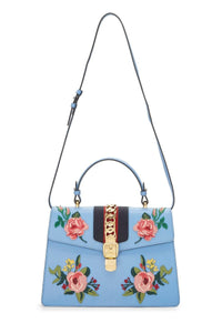 GUCCI BLUE FLORAL EMBROIDERED LEATHER SYLVIE MEDIUM